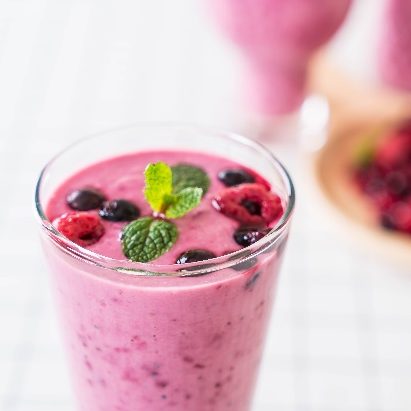 Soybean shake with berries and pear